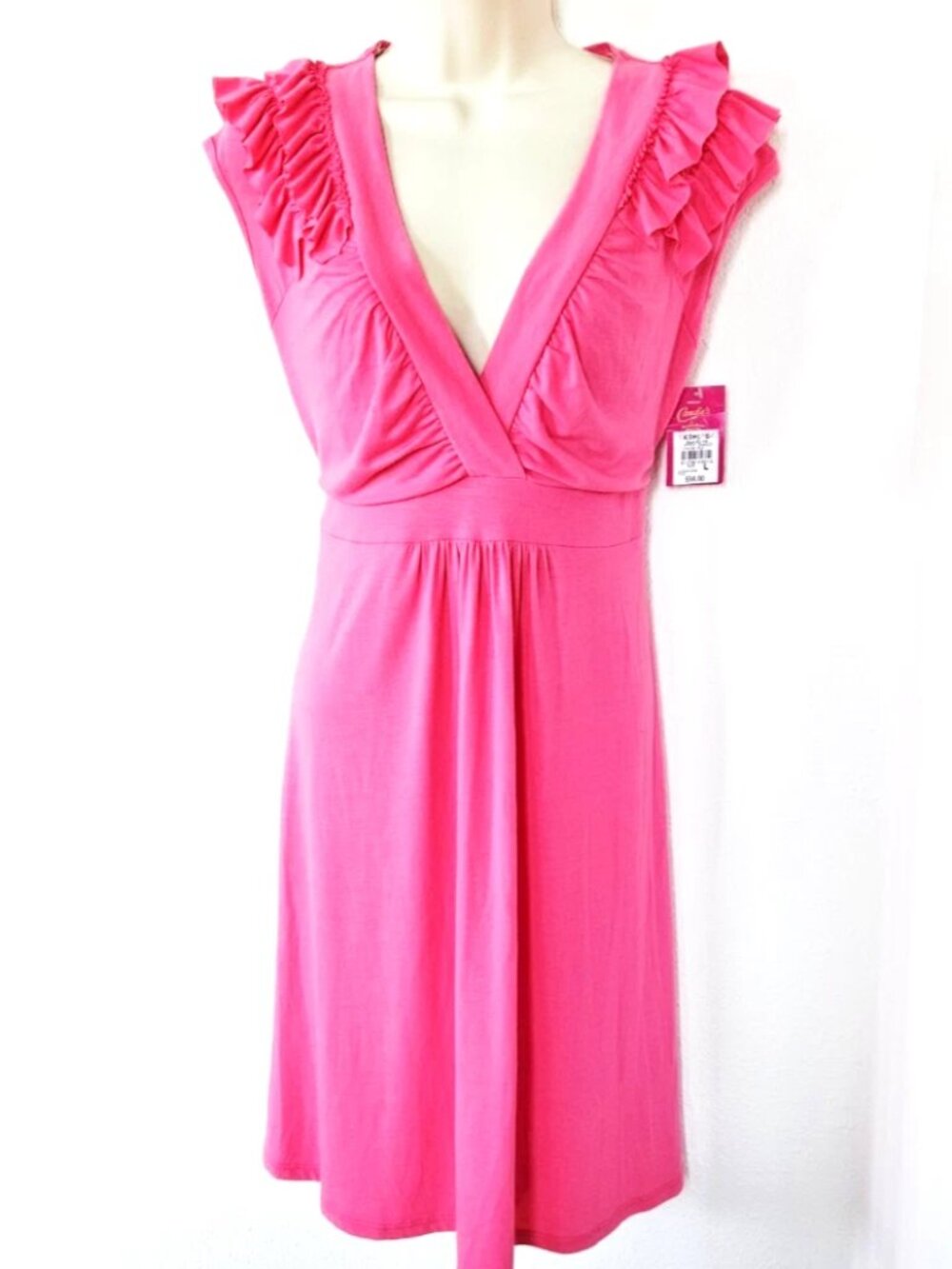 NEW Candie's Size L Pink Ruffled Sleeveless Jersey Knit Dress V-Neck Knee Length